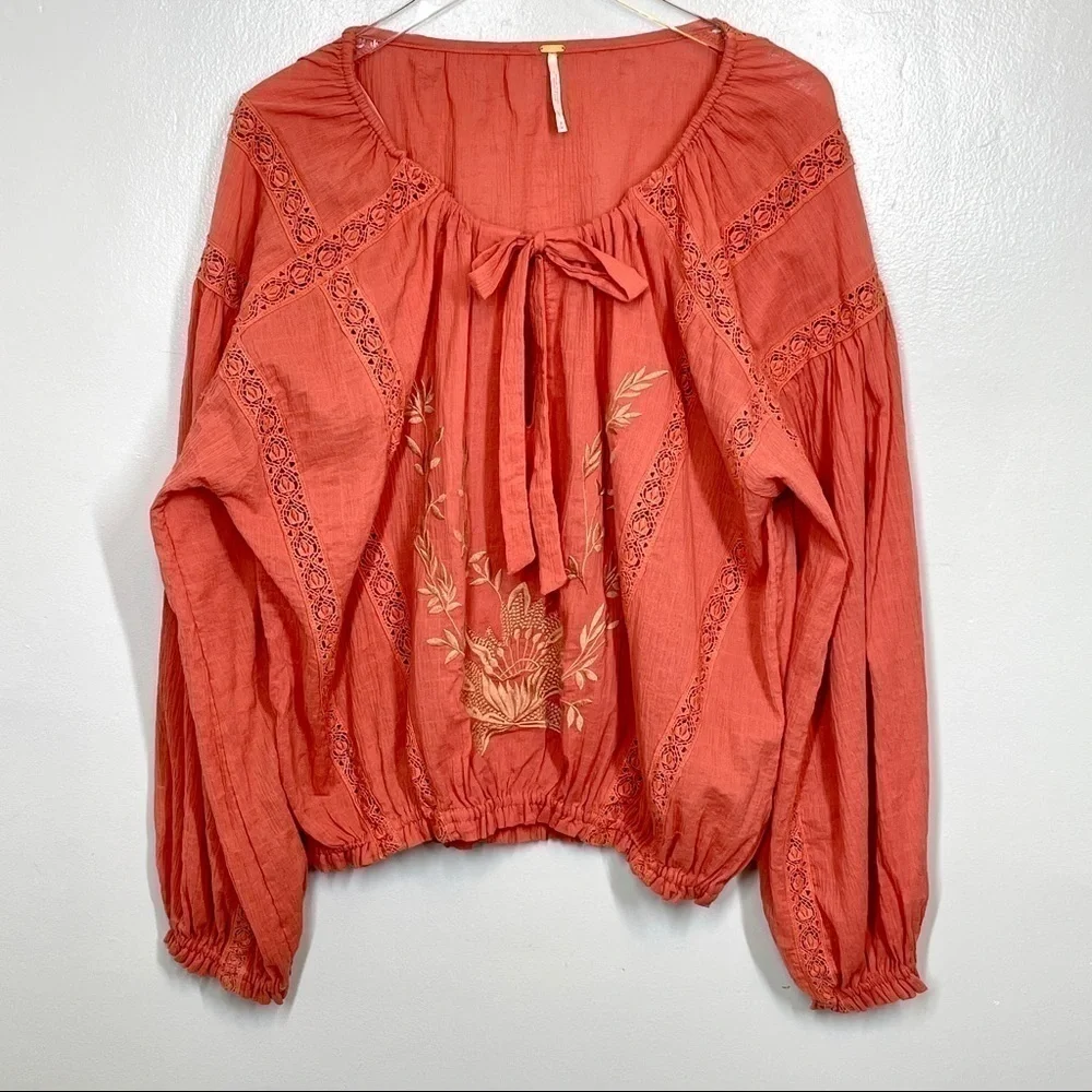 Free People Terra Cotta Maria Maria Top Ribbon Tie Gathered Waist Embroidery M